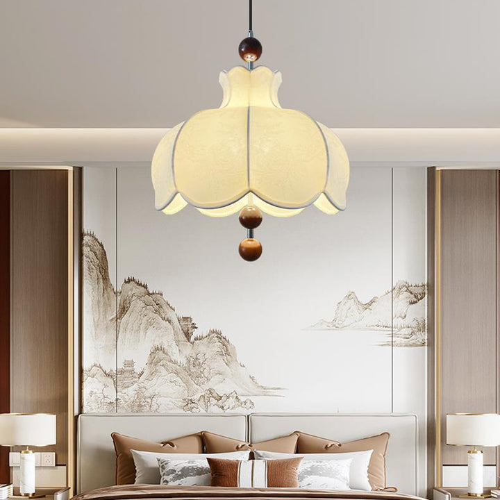 Moderne Shabby Chic bedruckter Stoff Blumenmuster Massivholz 3-Licht Pendelleuchte für Wohnzimmer 