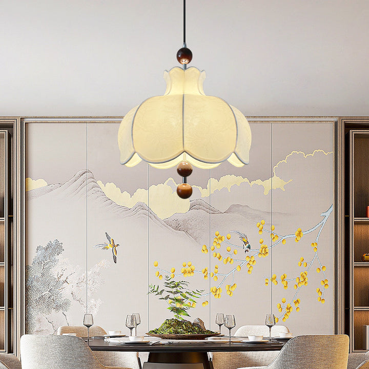 Moderne Shabby Chic bedruckter Stoff Blumenmuster Massivholz 3-Licht Pendelleuchte für Wohnzimmer 