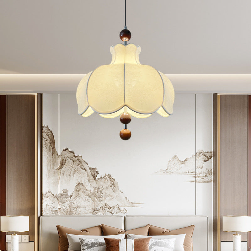 Moderne Shabby Chic bedruckter Stoff Blumenmuster Massivholz 3-Licht Pendelleuchte für Wohnzimmer 
