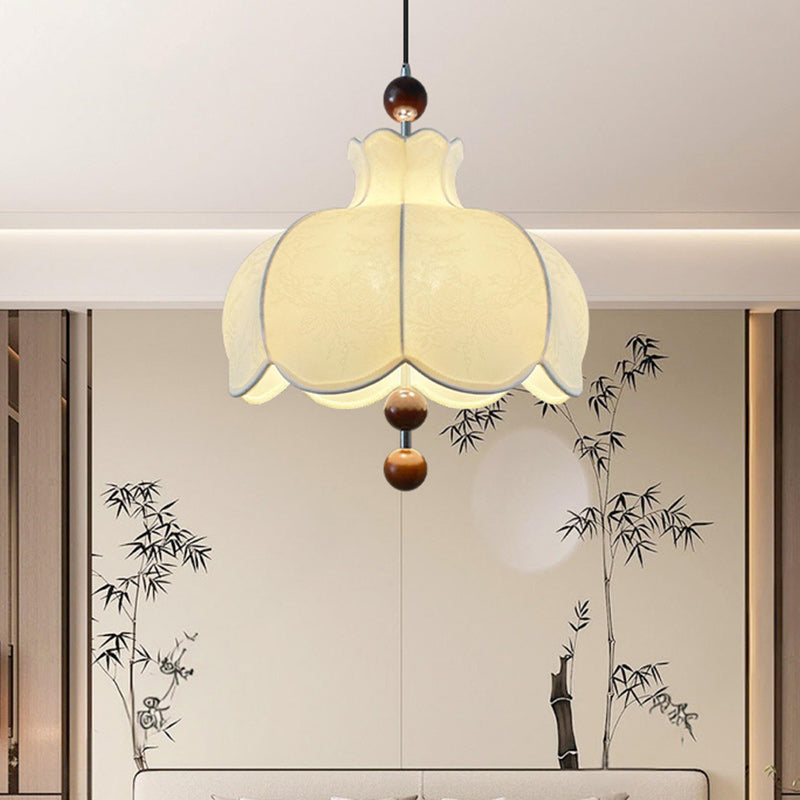 Moderne Shabby Chic bedruckter Stoff Blumenmuster Massivholz 3-Licht Pendelleuchte für Wohnzimmer 