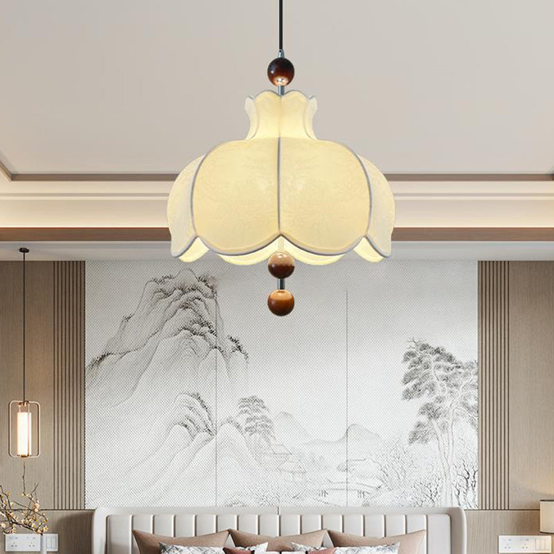 Moderne Shabby Chic bedruckter Stoff Blumenmuster Massivholz 3-Licht Pendelleuchte für Wohnzimmer 