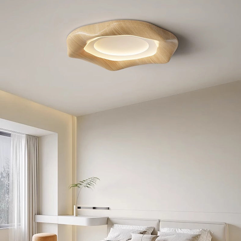 Traditional Japanese Iron Wood Grain Corrugated ABS Shade LED Flush Mount Ceiling Light For Bedroom