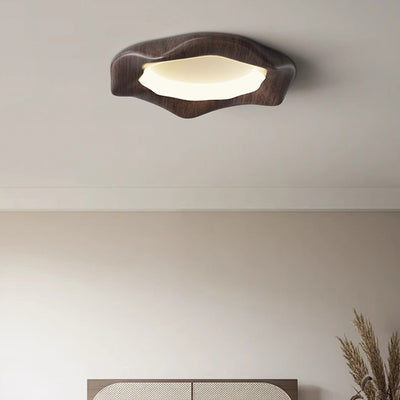 Traditional Japanese Iron Wood Grain Corrugated ABS Shade LED Flush Mount Ceiling Light For Bedroom
