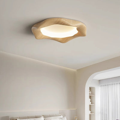Traditional Japanese Iron Wood Grain Corrugated ABS Shade LED Flush Mount Ceiling Light For Bedroom