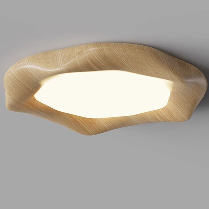 Traditional Japanese Iron Wood Grain Corrugated ABS Shade LED Flush Mount Ceiling Light For Bedroom