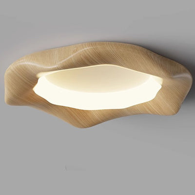 Traditional Japanese Iron Wood Grain Corrugated ABS Shade LED Flush Mount Ceiling Light For Bedroom
