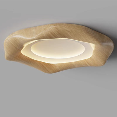 Traditional Japanese Iron Wood Grain Corrugated ABS Shade LED Flush Mount Ceiling Light For Bedroom