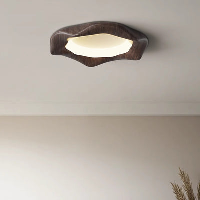 Traditional Japanese Iron Wood Grain Corrugated ABS Shade LED Flush Mount Ceiling Light For Bedroom