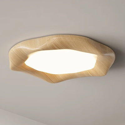 Traditional Japanese Iron Wood Grain Corrugated ABS Shade LED Flush Mount Ceiling Light For Bedroom