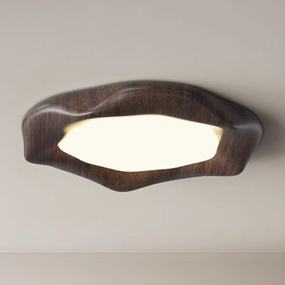 Traditional Japanese Iron Wood Grain Corrugated ABS Shade LED Flush Mount Ceiling Light For Bedroom