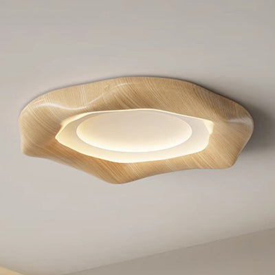 Traditional Japanese Iron Wood Grain Corrugated ABS Shade LED Flush Mount Ceiling Light For Bedroom