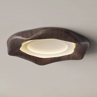 Traditional Japanese Iron Wood Grain Corrugated ABS Shade LED Flush Mount Ceiling Light For Bedroom