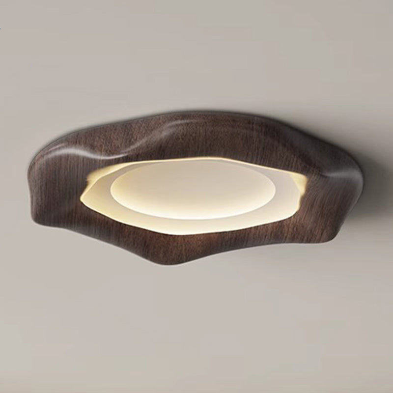Traditional Japanese Iron Wood Grain Corrugated ABS Shade LED Flush Mount Ceiling Light For Bedroom