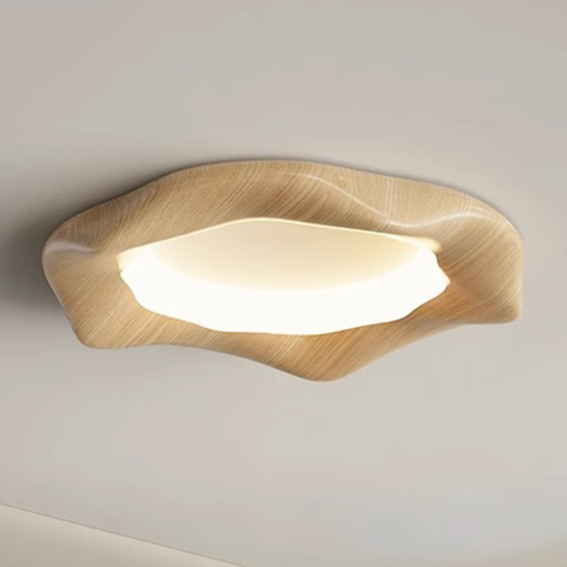 Traditional Japanese Iron Wood Grain Corrugated ABS Shade LED Flush Mount Ceiling Light For Bedroom