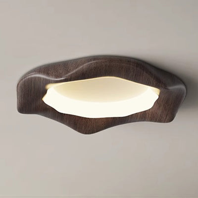 Traditional Japanese Iron Wood Grain Corrugated ABS Shade LED Flush Mount Ceiling Light For Bedroom