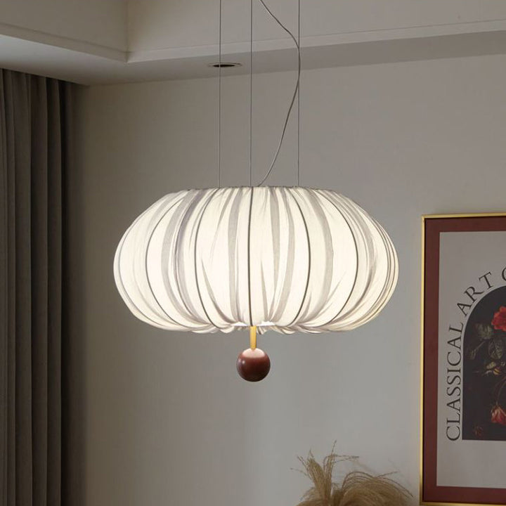 Modern Shabby Chic Fabric Lantern Shade Solid Wood 1-Light Pendant Light For Living Room