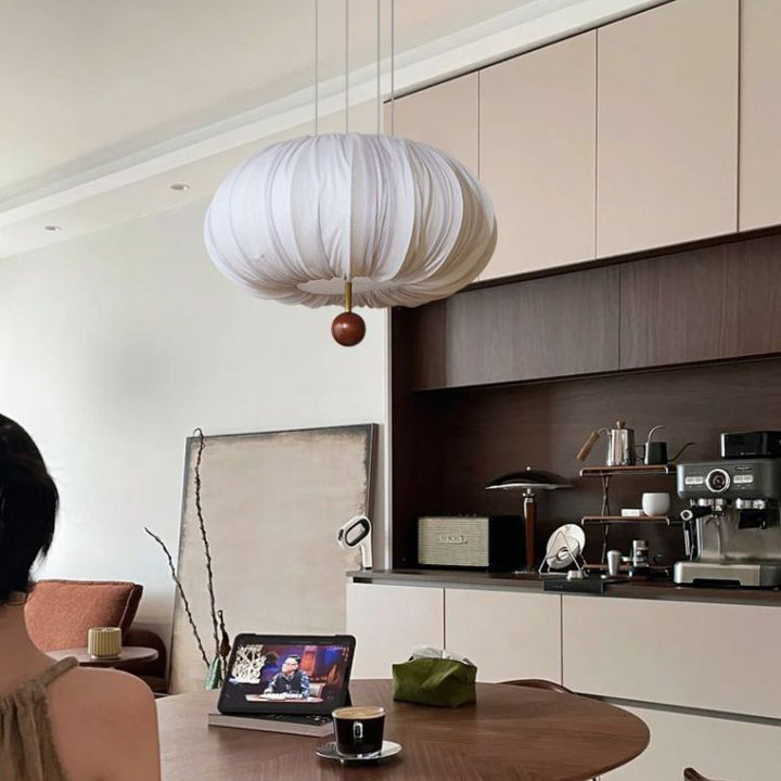 Modern Shabby Chic Fabric Lantern Shade Solid Wood 1-Light Pendant Light For Living Room