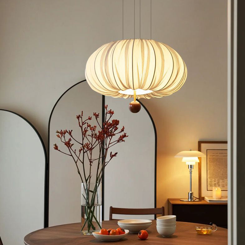 Modern Shabby Chic Fabric Lantern Shade Solid Wood 1-Light Pendant Light For Living Room