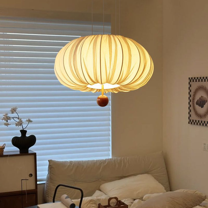 Modern Shabby Chic Fabric Lantern Shade Solid Wood 1-Light Pendant Light For Living Room