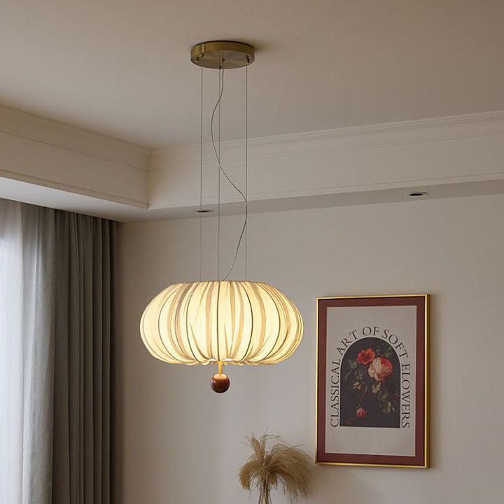 Modern Shabby Chic Fabric Lantern Shade Solid Wood 1-Light Pendant Light For Living Room