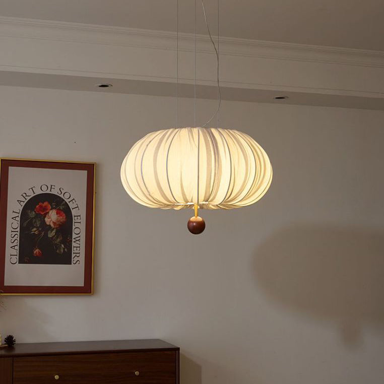 Modern Shabby Chic Fabric Lantern Shade Solid Wood 1-Light Pendant Light For Living Room