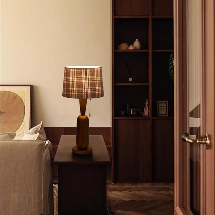 Traditional Colonial Plaid Fabric Round Shade Solid Wood Column Base 1-Light Table Lamp For Bedroom