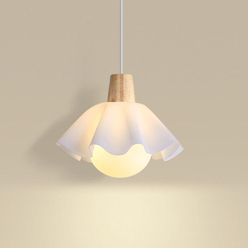 Traditional French Floral Acrylic Glass Ball Shade Solid Wood 1-Light Pendant Light For Living Room
