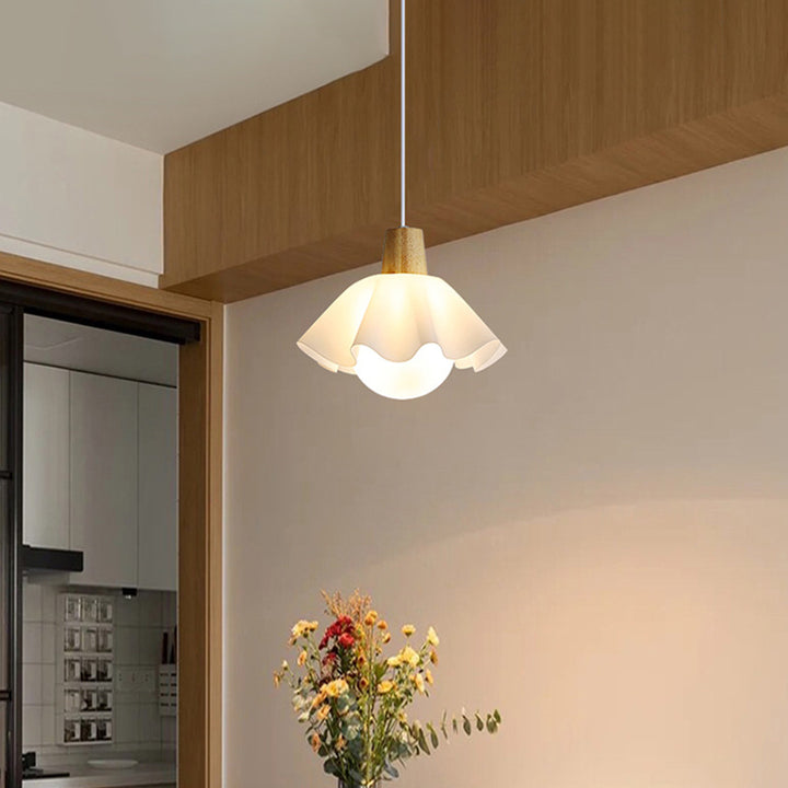 Traditional French Floral Acrylic Glass Ball Shade Solid Wood 1-Light Pendant Light For Living Room