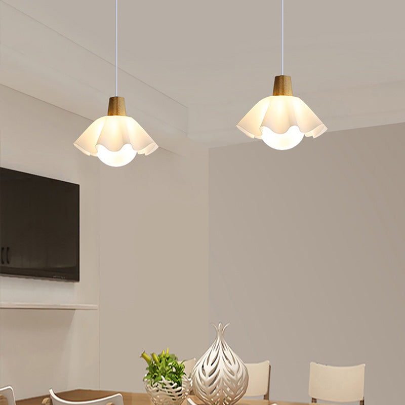 Traditional French Floral Acrylic Glass Ball Shade Solid Wood 1-Light Pendant Light For Living Room