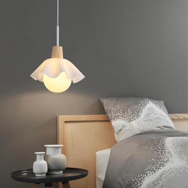 Traditional French Floral Acrylic Glass Ball Shade Solid Wood 1-Light Pendant Light For Living Room