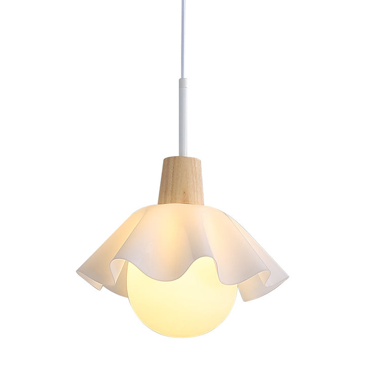 Traditional French Floral Acrylic Glass Ball Shade Solid Wood 1-Light Pendant Light For Living Room