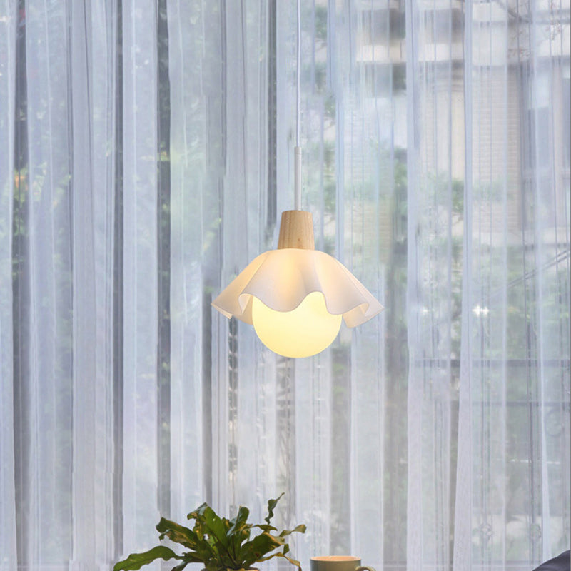 Traditional French Floral Acrylic Glass Ball Shade Solid Wood 1-Light Pendant Light For Living Room