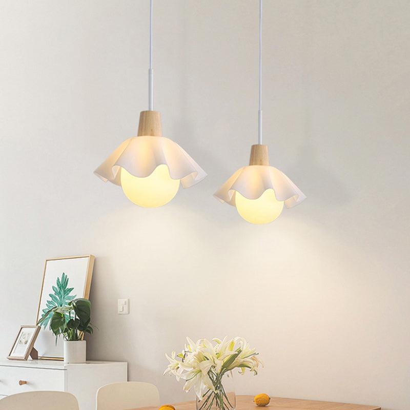 Traditional French Floral Acrylic Glass Ball Shade Solid Wood 1-Light Pendant Light For Living Room