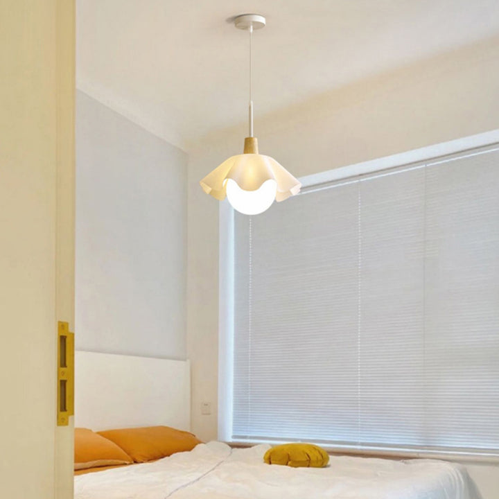 Traditional French Floral Acrylic Glass Ball Shade Solid Wood 1-Light Pendant Light For Living Room