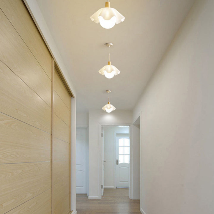 Traditional French Floral Acrylic Glass Ball Shade Solid Wood 1-Light Pendant Light For Living Room