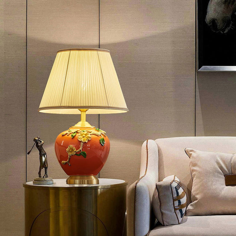 Traditional Chinese Pleated Fabric Shade Enameled Ceramic Vase Base 1-Light Table Lamp For Bedroom