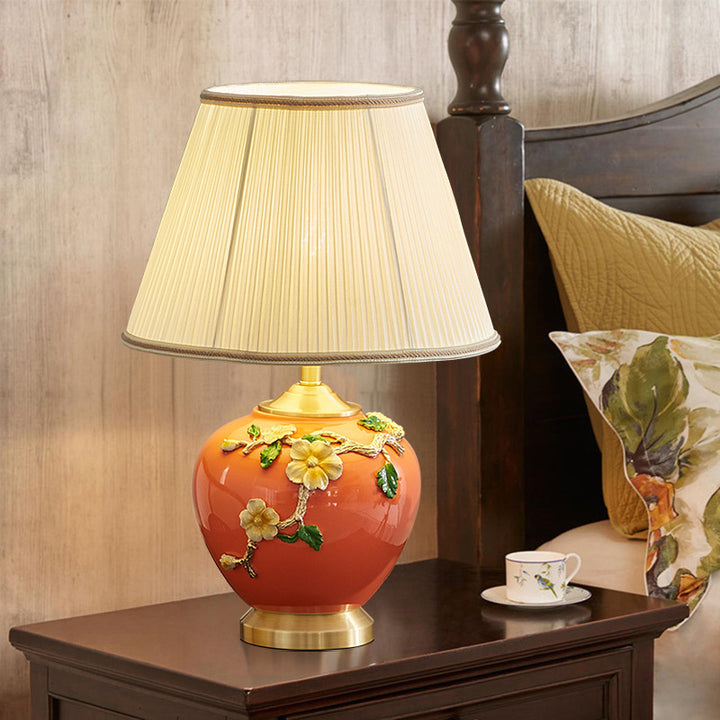 Traditional Chinese Pleated Fabric Shade Enameled Ceramic Vase Base 1-Light Table Lamp For Bedroom