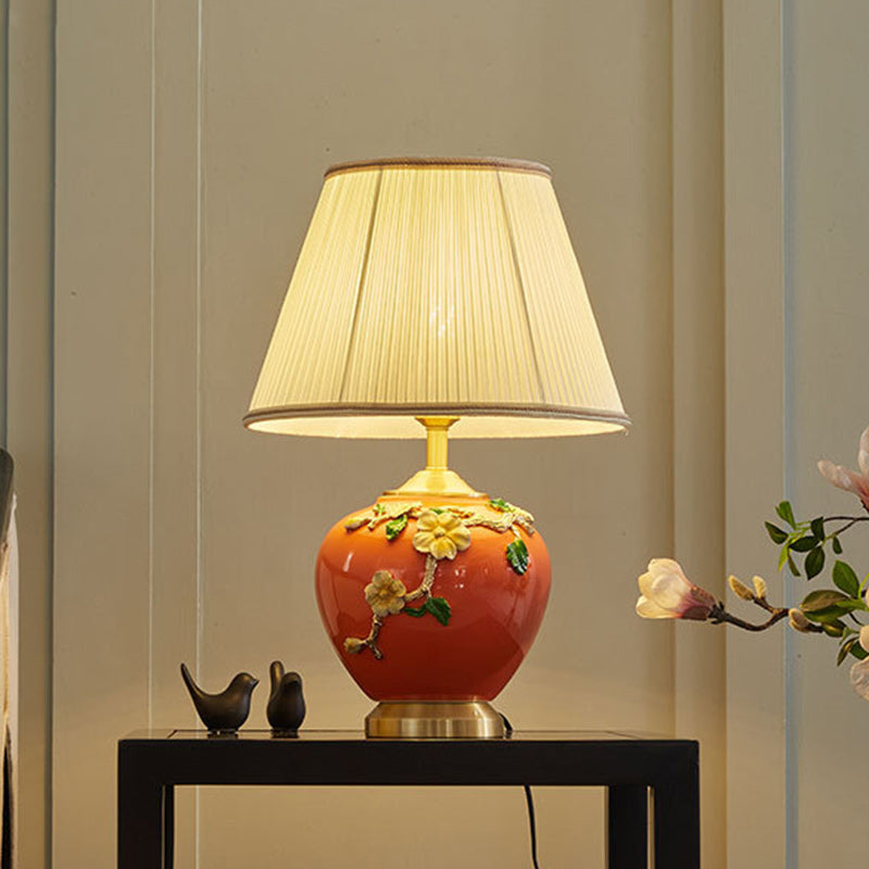 Traditional Chinese Pleated Fabric Shade Enameled Ceramic Vase Base 1-Light Table Lamp For Bedroom