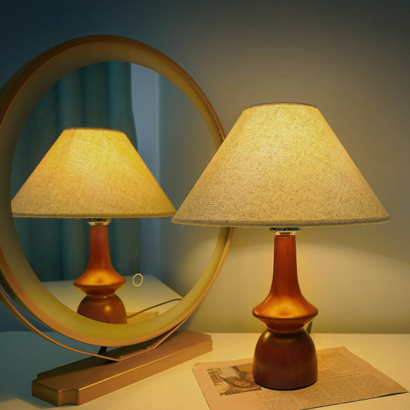 Modern Transitional Conical Fabric Shade Solid Wood Base 1-Light Table Lamp For Bedroom