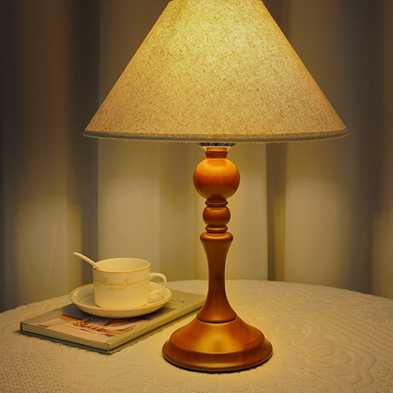 Modern Transitional Conical Fabric Shade Solid Wood Base 1-Light Table Lamp For Bedroom