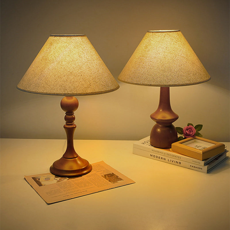 Modern Transitional Conical Fabric Shade Solid Wood Base 1-Light Table Lamp For Bedroom