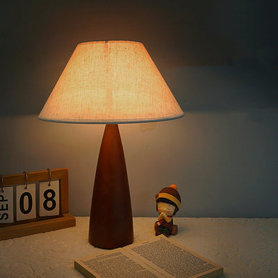 Modern Transitional Conical Fabric Shade Solid Wood Base 1-Light Table Lamp For Bedroom