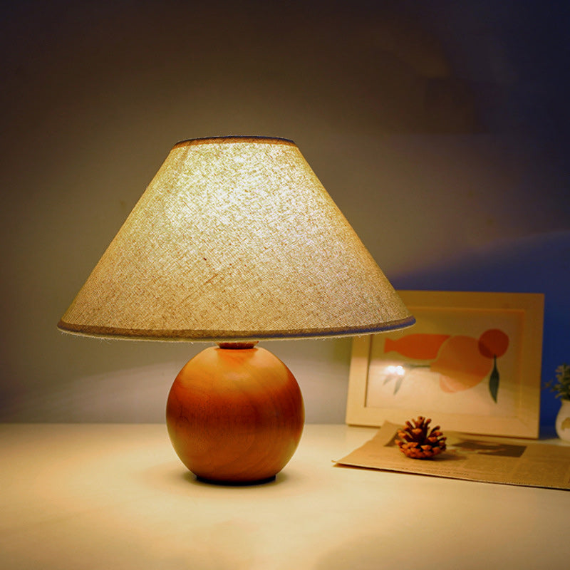 Modern Transitional Conical Fabric Shade Solid Wood Base 1-Light Table Lamp For Bedroom