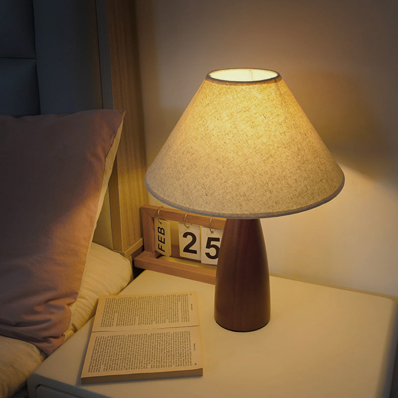 Modern Transitional Conical Fabric Shade Solid Wood Base 1-Light Table Lamp For Bedroom