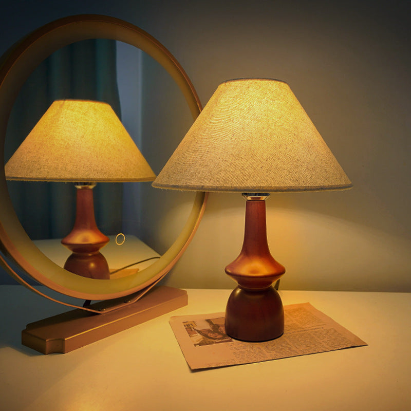Modern Transitional Conical Fabric Shade Solid Wood Base 1-Light Table Lamp For Bedroom