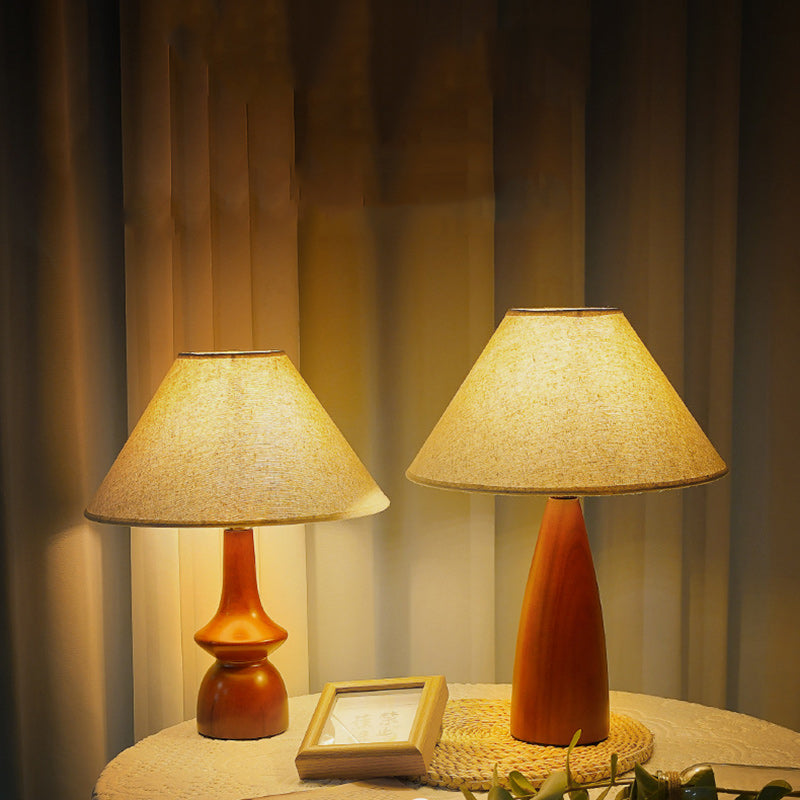 Modern Transitional Conical Fabric Shade Solid Wood Base 1-Light Table Lamp For Bedroom
