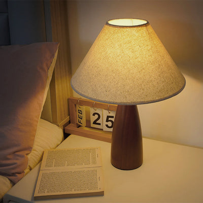 Modern Transitional Conical Fabric Shade Solid Wood Base 1-Light Table Lamp For Bedroom