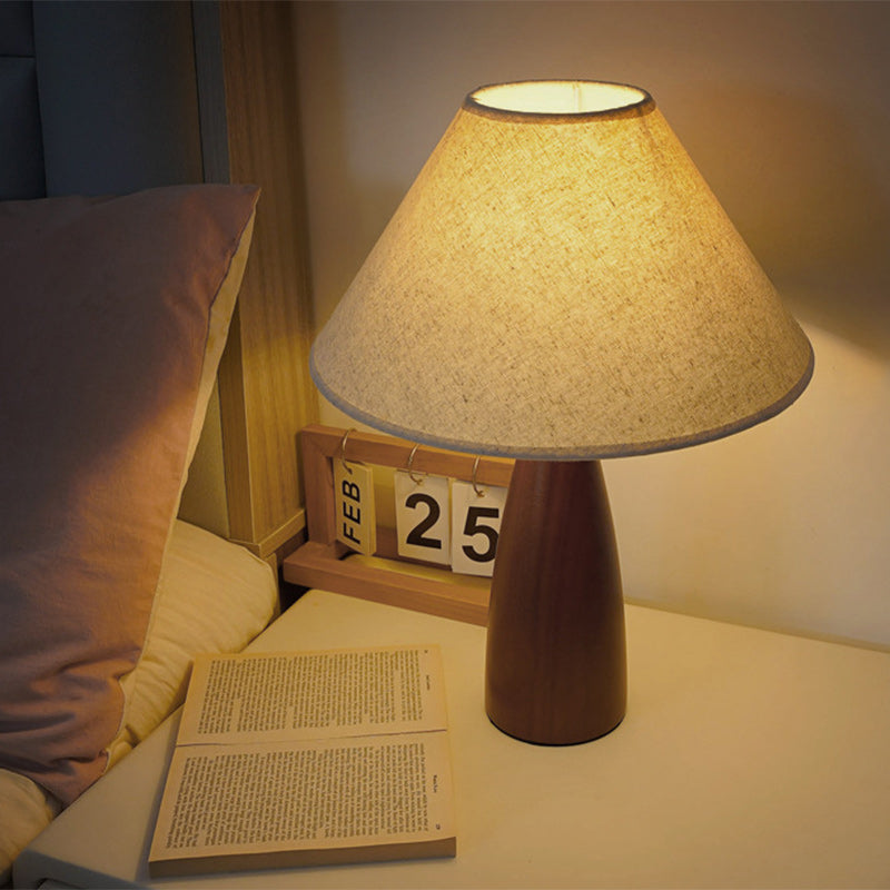 Modern Transitional Conical Fabric Shade Solid Wood Base 1-Light Table Lamp For Bedroom