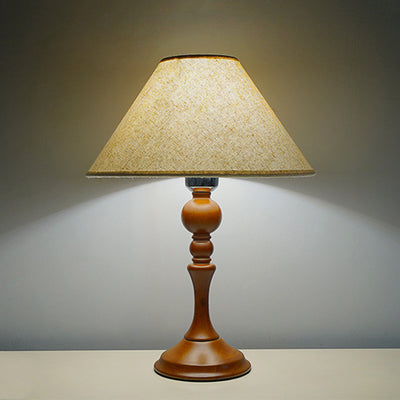 Modern Transitional Conical Fabric Shade Solid Wood Base 1-Light Table Lamp For Bedroom
