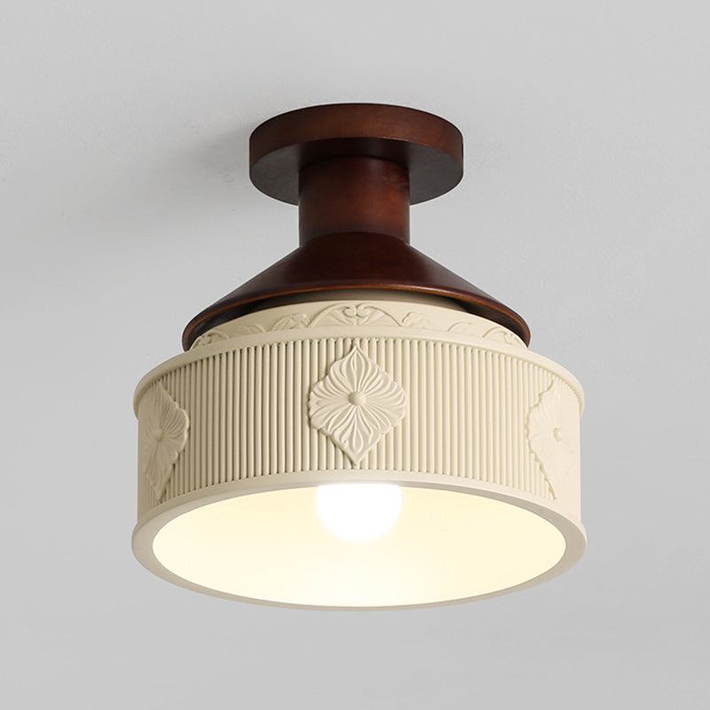 Moderne Übergangs-Deckenleuchte aus massivem Holz mit halbkreisförmigem Schnitzharzschirm, 1-Licht Semi-Flush-Mount für Wohnzimmer 